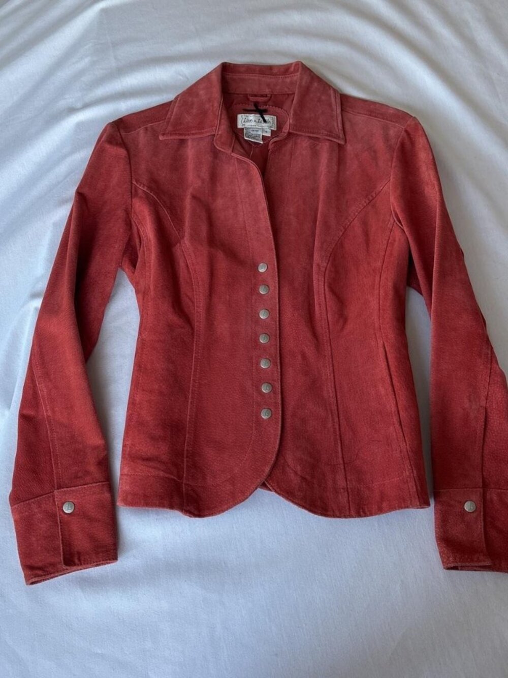 Live a Little Suede Leather Fitted Snap Jacket Rust Terracotta S
